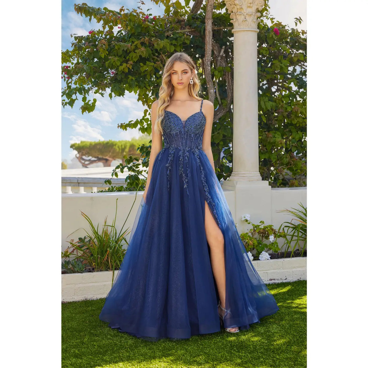 Hannah Gown with Embellished Bodice and Slit Navy - Dress - Juliet