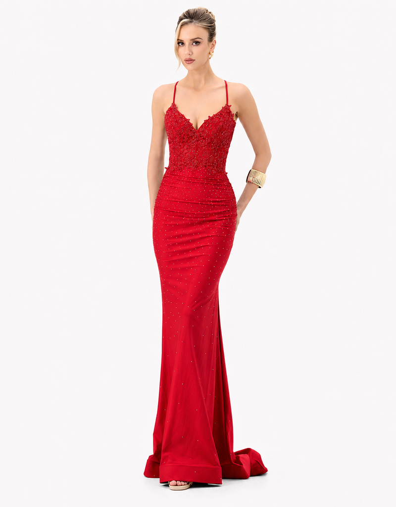 Indyanna Beaded V-Neck Gown Red - Dress - Bariano